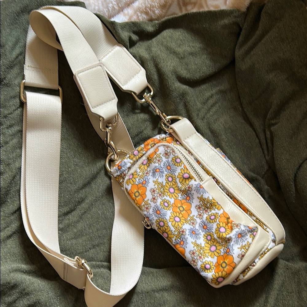 Cream and Orange Crossbody Bag with Floral Design